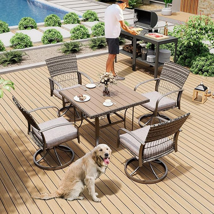 Pamapic 5 Piece Patio Dining Set for 4,Wicker Outdoor Furniture Set for Backyard Garden Deck Poolside with Square Plastic-Wood Table Top,4 Cushions Swivel Rocker Chairs,Removable Cushions(Gray)