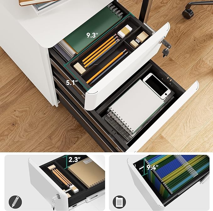 YITAHOME 3-Drawer Metal Filing Drawers with Keys, Compact Slim Portable File Pre-Built Office Storage Cabinet for A4/Letter/Legal (White)