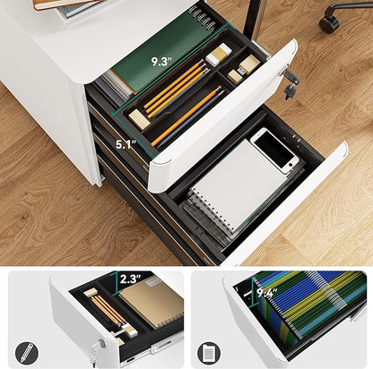 YITAHOME 3-Drawer Metal Filing Drawers with Keys, Compact Slim Portable File Pre-Built Office Storage Cabinet for A4/Letter/Legal (White)