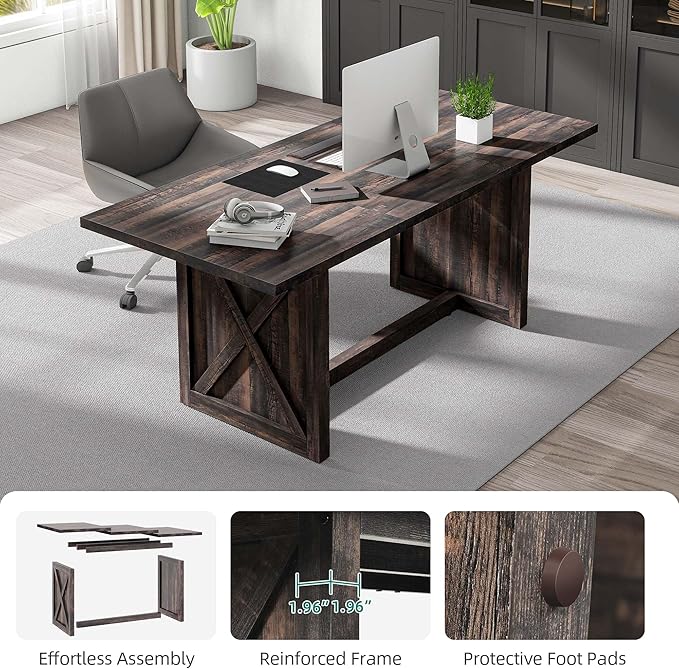 YITAHOME 6FT Conference Table Executive Desk, 70.8’’ Large Meeting Seminar Table for Office with Thicken Wood Frame, Farmhouse Rectangular Computer Desk for Home Business, Rustic Oak