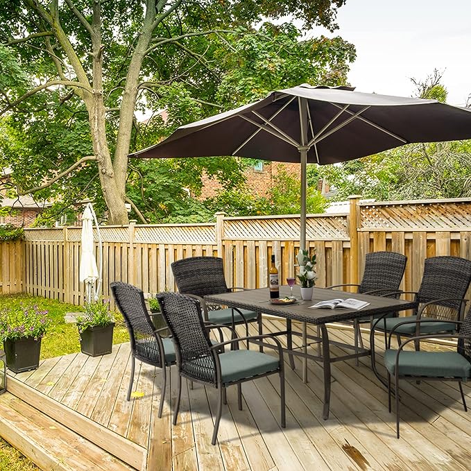 Patio Dining Set for 6, 7 PCS Patio Table & Chair Set, Metal Slatted Table with 2" Umbrella Hole, All-Weather Wicker Patio Dining Furniture with Removable Cushions for Deck, Lawn, Garden(Green)