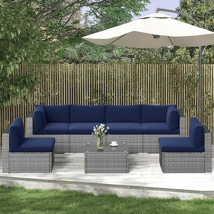 SUNVIVI OUTDOOR 7 Piece Patio Furniture Sets All Weather Grey PE Wicker Couch Sofa with Glass Table, Removable Navy Blue Cushions