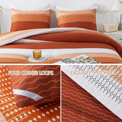 Andency Stripe Comforter Set Queen Size (90x90 Inch), 3 Pieces Terracotta Patchwork Striped Comforter, Soft Microfiber Down Alternative Comforter Bedding Set with Corner Loops