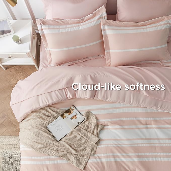 Bedsure Pink Comforter Set Full 7 Pieces, Light Pink White Striped Bedding Sets All Season Bed Set, 2 Pillow Shams, Flat Sheet, Fitted Sheet and 2 Pillowcases