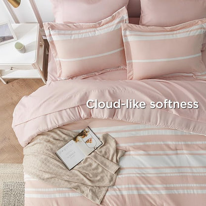 Bedsure Bed in a Bag Twin Size 5 Pieces, Light Pink White Striped Bedding Comforter Sets All Season Bed Set with 1 Pillow Sham, Flat Sheet, Fitted Sheet and 1 Pillowcase