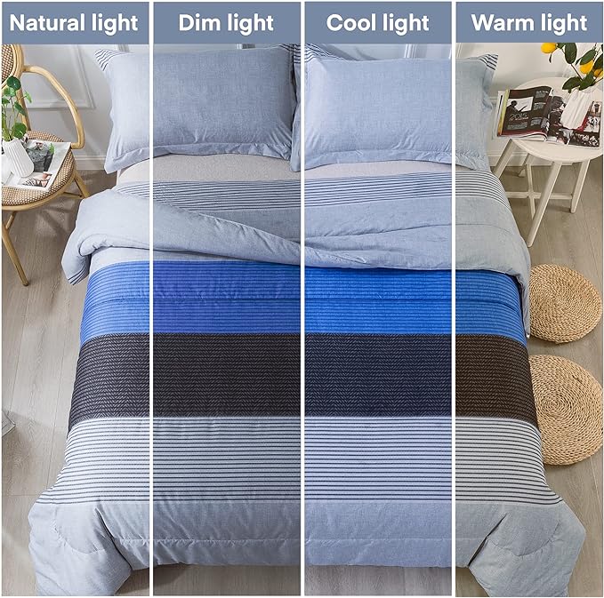 Andency Twin Comforter Set Blue (66x90 Inch), 2 Pieces Patchwork Striped Comforter Bed Sets for Boys, Soft Microfiber Down Alternative Comforter Bedding Set with Corner Loops