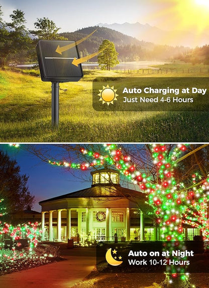 Minetom Solar Christmas Lights Outdoor Waterproof, 40FT 100 LED Solar Lights with 8 Modes, Solar Christmas Outdoor Decoration, Solar String Lights for Outside House Tree Party Yard, Red Green & White