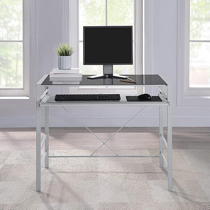 OSP Home Furnishings Zephyr Computer Desk with Keyboard Shelf and Tempered Glass Top, Black Glass and Silver Frame