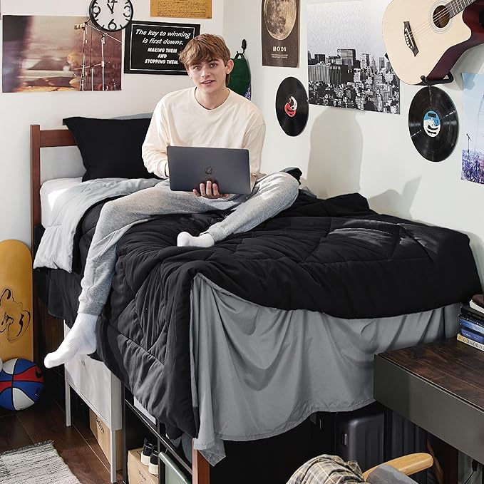 Bedsure Black Twin XL Comforter Set - 5 Pieces Reversible Black Bed Set Twin XL with Comforters, Sheets, Pillowcase & Sham, Black Bedding Set for College