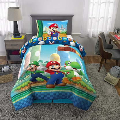 Franco Kids Bedding Super Soft Comforter and Sheet Set, 4 Piece Twin Size, Mario