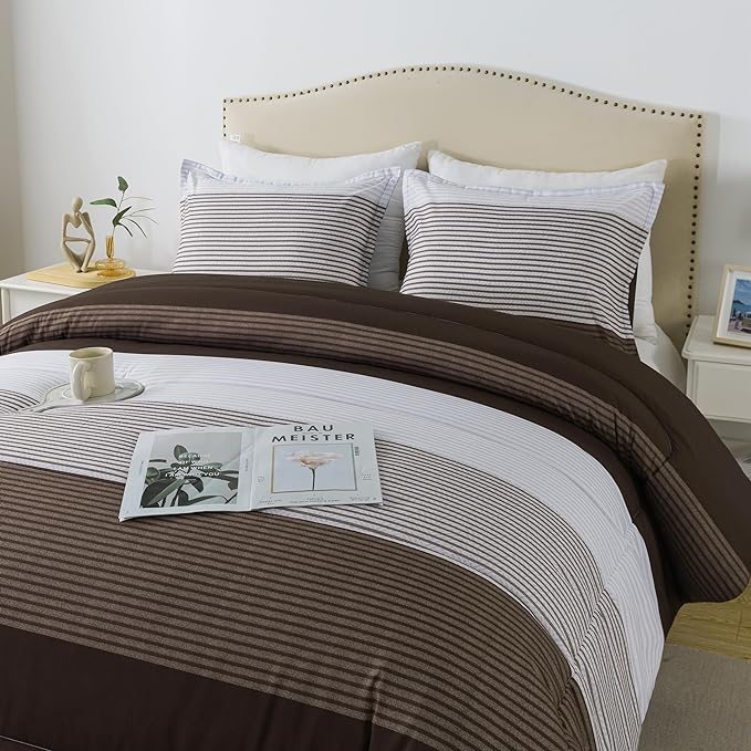 Andency Stripe Comforter Set King Size (104x90 Inch), 3 Pieces Brown Patchwork Striped Comforter, Soft Microfiber Down Alternative Comforter Bedding Set with Corner Loops