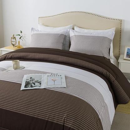 Andency Stripe Comforter Set King Size (104x90 Inch), 3 Pieces Brown Patchwork Striped Comforter, Soft Microfiber Down Alternative Comforter Bedding Set with Corner Loops