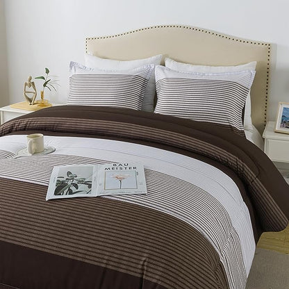 Andency Stripe Comforter Set Full Size (79x90 Inch), 3 Pieces Brown Patchwork Striped Comforter, Soft Microfiber Down Alternative Comforter Bedding Set with Corner Loops