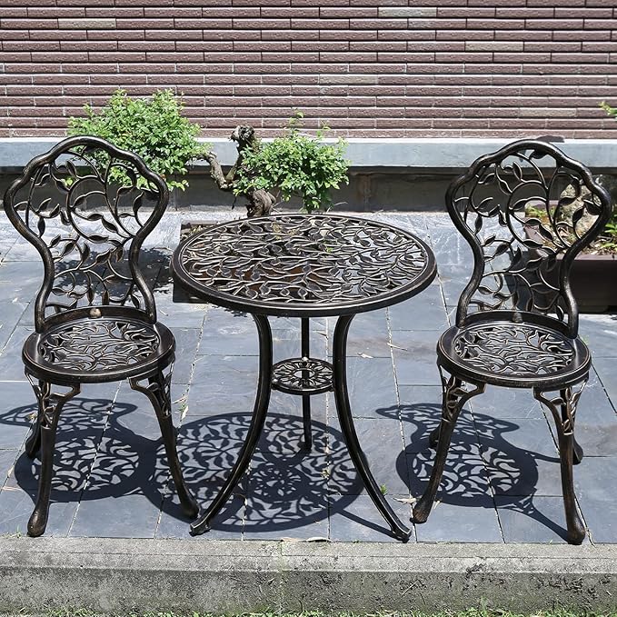 Patio Bistro Set.Rust-Resistant Cast Aluminum Bistro Table Set with Umbrella Hole for Backyard (Leaf DESIGNCOPPER)