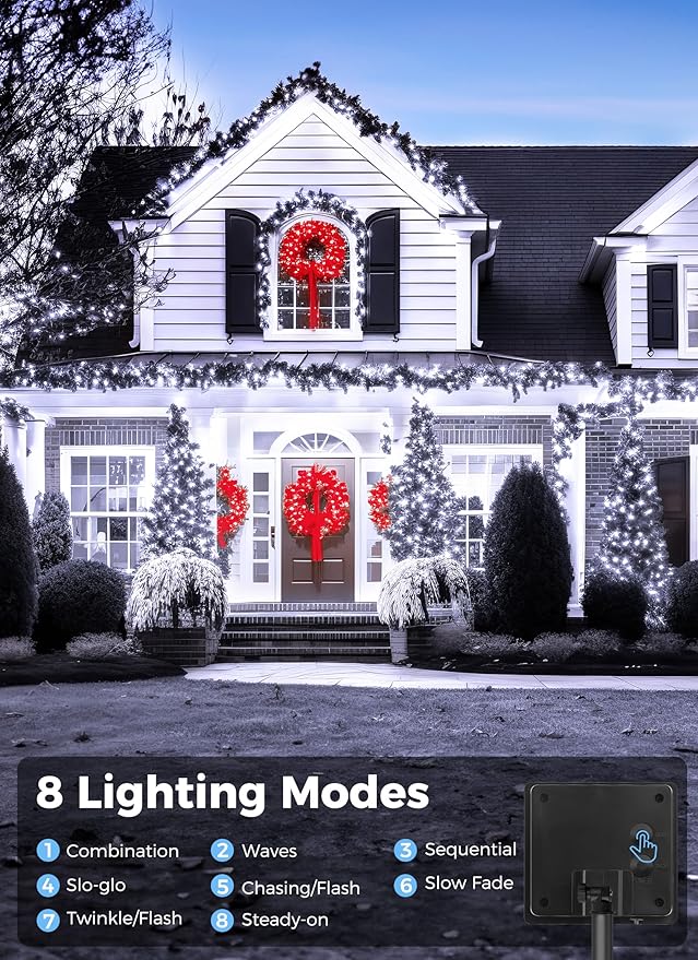 Solar String Lights Outdoor, 2 Pack Total 144FT 400 LED Solar Powered String Lights with 8 Lighting Modes, Waterproof Solar Patio Lights, Solar String Lights for Outside Tree Balcony, Pure White
