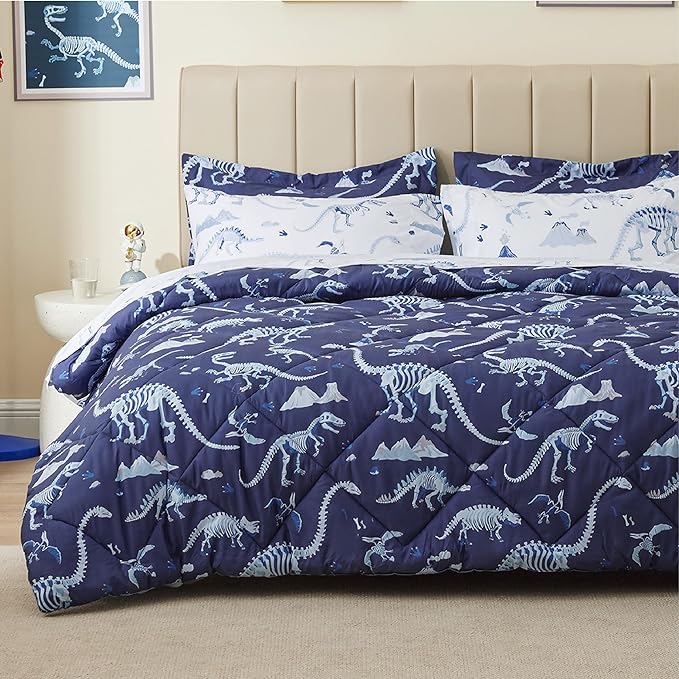 Twin Comforter Set for Boys,5 Pieces Dinosaur Kids Bedroom Bedding with Sheets and Pillowcase,Super Soft Lightweight for All Seasons,Blue,Machine Washable