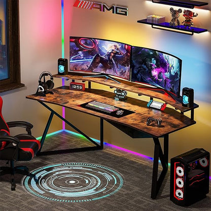 70.9" Large Computer Desk Home Office Desk Wing-Shaped Gaming Studio Desk, Rustic Brown