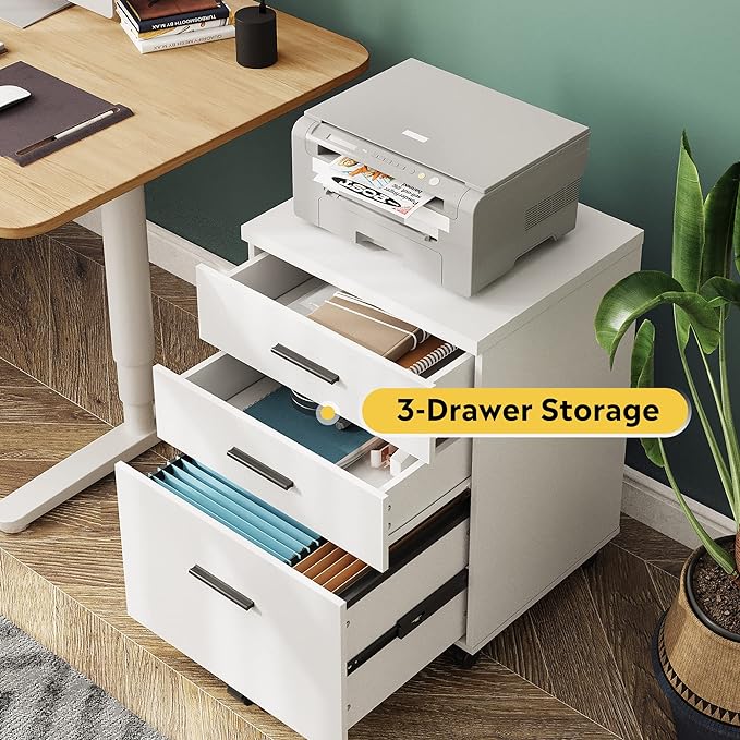 DEVAISE 3 Drawer File Cabinet for Home Office, Wood Under Desk Filing Cabinet, Rolling Printer Stand with Wheels, White