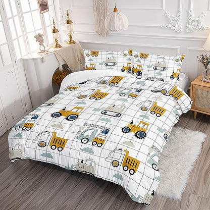 Datura home Construction Truck Set for Boys Kids Children, Machinery Excavators Vehicles Cartoon Tractor Bedding with 1 and 2 Pillowcases(ConstructionTruck Full), Full 80x90inches