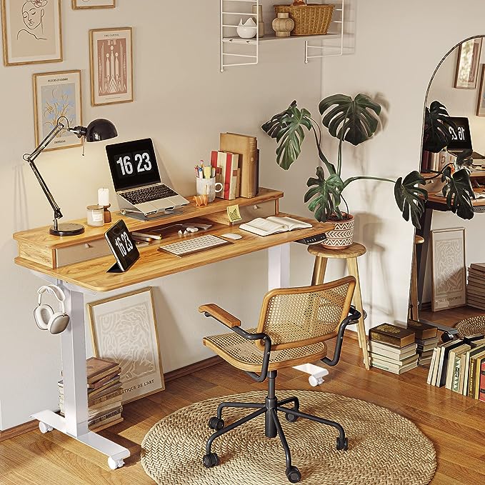 FEZIBO 48 x 24 Inch Height Adjustable Electric Standing Desk with Double Drawer, Stand Up Desk with Storage Shelf, Sit Stand Desk, Light Rustic