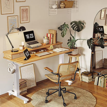 FEZIBO 48 x 24 Inch Height Adjustable Electric Standing Desk with Double Drawer, Stand Up Desk with Storage Shelf, Sit Stand Desk, Light Rustic