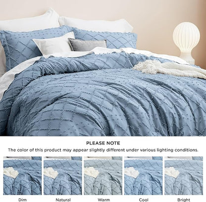 Bedsure Queen Comforter Set - Grayish Blue Comforter, Boho Tufted Shabby Chic Bedding Comforter Set, 3 Pieces Vintage Farmhouse Bed Set for All Seasons, Fluffy Soft Bedding Set with 2 Pillow Shams