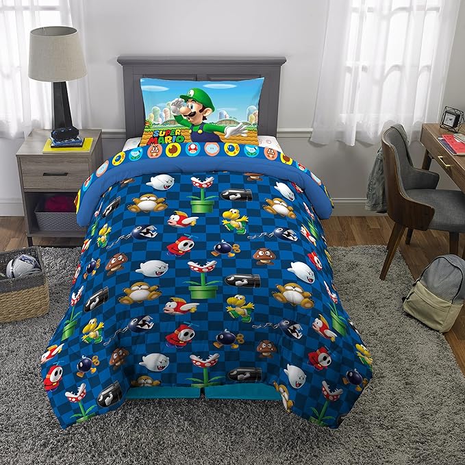 Franco Kids Bedding Super Soft Comforter and Sheet Set, 4 Piece Twin Size, Mario