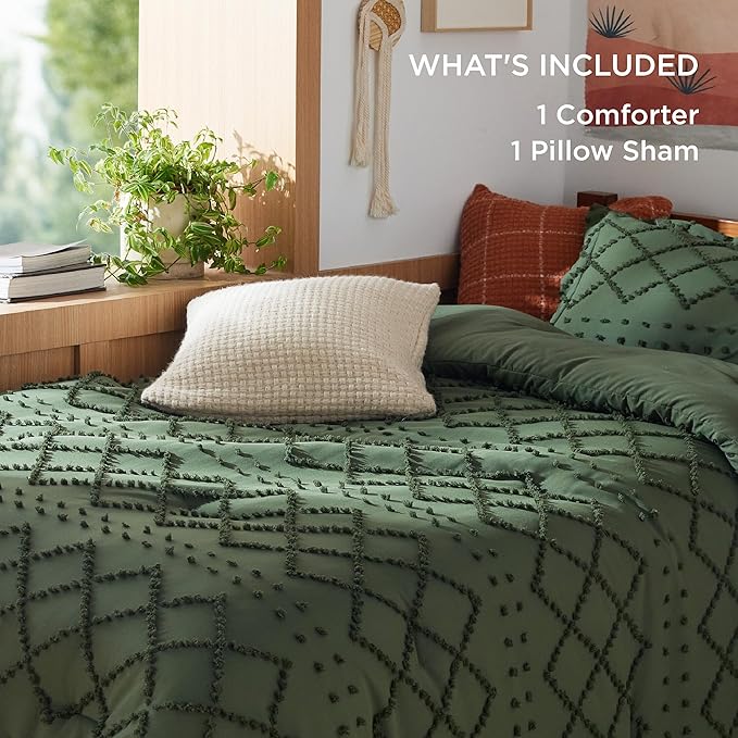Bedsure Twin/Twin XL Comforter Set - Olive Green Boho Twin Extra Long Comforter Set for College, Shabby Chic Dorm Bedding Set, 2 Pieces Modern Farmhouse Bed Set, includes 1 Pillow Sham