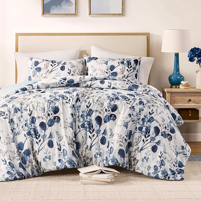 Codi Floral Queen Comforter Set for Womens, Spring Lavender Bedding Sets with Soft Seersucker 3pcs - 1 Flower Comforters and 2 Pillows Case, Blue