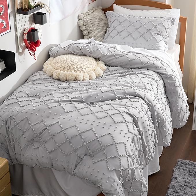 Bedsure Twin/Twin XL Comforter Set - Light Grey Boho Twin Extra Long Comforter Set for College, Shabby Chic Dorm Bedding Set, 2 Pieces Modern Farmhouse Bed Set, includes 1 Pillow Sham