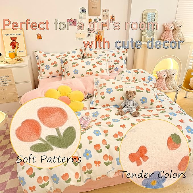 MorroMorn Pink Duvet Cover Queen, Pink Bed Set Tulips Floral Bedding Sets, Plush Fluffy Comforter Covers Set, Down Alternative Blanket Ultra Soft for Girls Kids Teen Women Full Double Size
