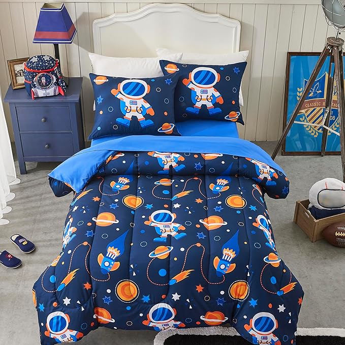 Space Navy Twin XL Comforter Sets for Boys Girls Kids Teen 5 Pieces Bed in a Bag Galaxy Astronaut Comforter with Sheet Sets Dorm Bedding Set