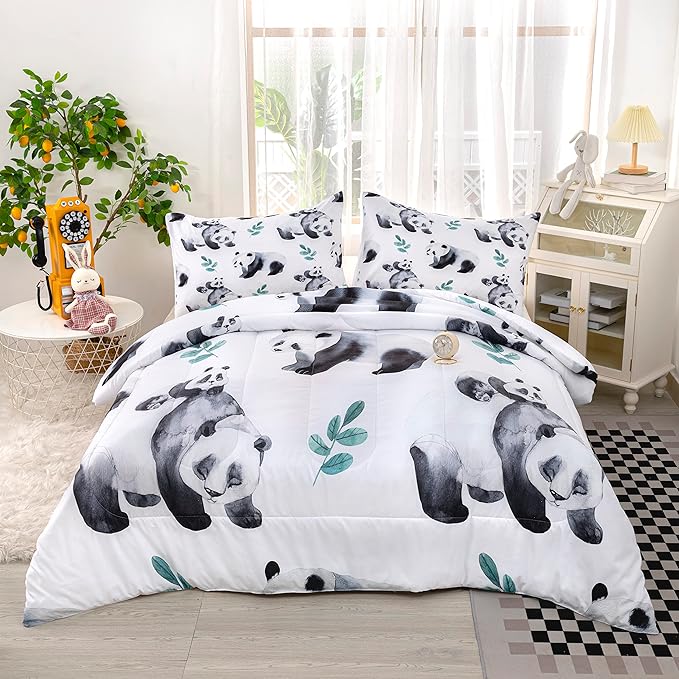 CVHOUSE Panda Bedding Set,Panda Comforter Queen,Cute Panda Comforter Set for Girls Kids Teens,Kawaii Panda Quilt Set with 1 Comforter and 2 Pillow Cases- 3 Piece