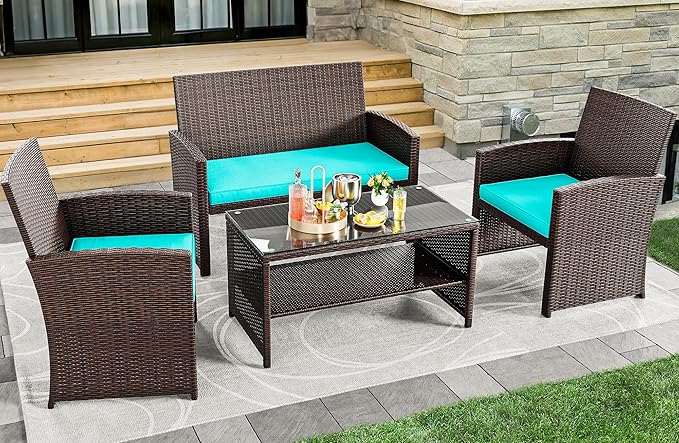 YITAHOME Patio Furniture Wicker Outdoor Bistro Set, 4-Piece All Weather Rattan Conversation Loveseat for Backyard, Balcony and Deck w/Soft Cushions and Metal Coffee Table (Brown+Blue)