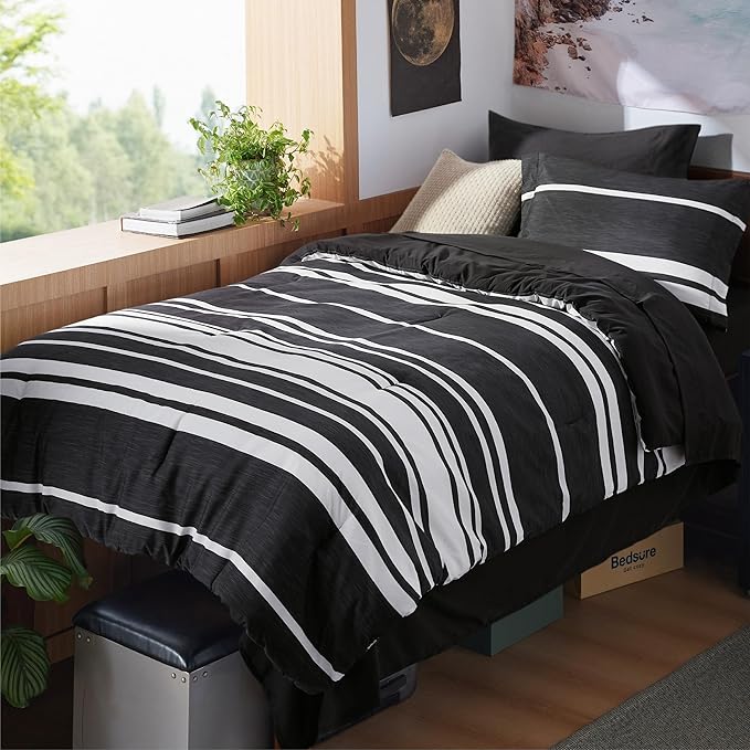 Bedsure Twin XL Comforter Set for College Boys, Black White Striped Bedding Comforter Sets All Season Bed Set with 1 Pillow Sham, Flat Sheet, Fitted Sheet and 1 Pillowcase