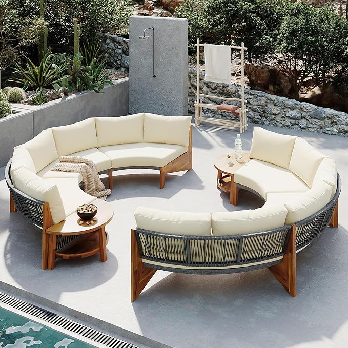 Merax Outdoor Sectional Patio Furniture Sets, Half Moon All Weather Wicker Seating Group, with Cushions and Round Coffee Table, Beige