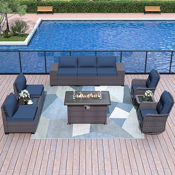 Patio Furniture Sectional Sofa Set 10-Pieces PE Rattan Swivel Rocking Chairs Outdoor Furniture Set w/43in Gas Fire Pit Table, Patio Conversation with 55000 BTU Propane Fire Pit, Navy Blue