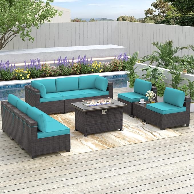 Patio Furniture Sectional Sofa Set 10-Pieces PE Rattan Patio Conversation Set w/43in Gas Fire Pit Table, Outdoor Furniture with 55000 BTU Propane Fire Pit, Blue