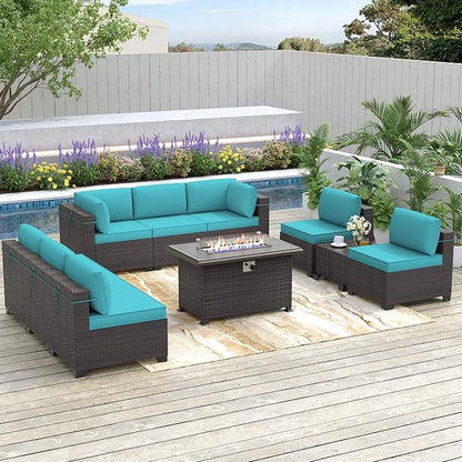 Patio Furniture Sectional Sofa Set 10-Pieces PE Rattan Patio Conversation Set w/43in Gas Fire Pit Table, Outdoor Furniture with 55000 BTU Propane Fire Pit, Blue