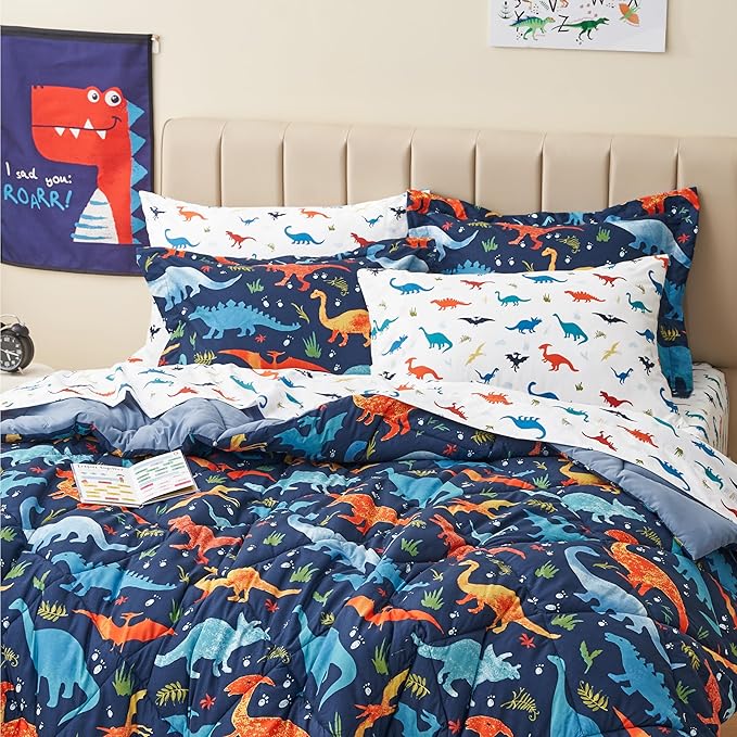 Kids Queen Dinosaur Bedding Comforter Set for Boys, 7 Pieces Queen Size Dinosaur Kids Bedding Set, Super Soft Lightweight Microfiber Comforter Set with Sheets for All Seasons