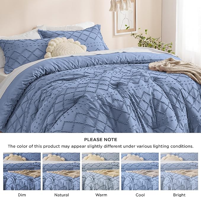 Bedsure Full Size Comforter Set - Mineral Blue Comforter, Boho Tufted Shabby Chic Bedding Comforter Set, 3 Pieces Farmhouse Bed Set for All Seasons, Fluffy Soft Bedding Set with 2 Pillow Shams