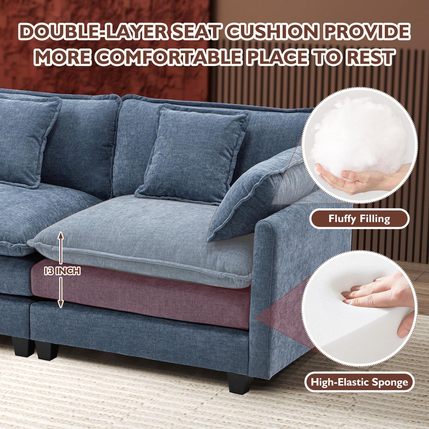 Ihanherry 111.4" L Shaped Modern Sofa Modular Sectional Cloud Couch with Ottoman, 4-Seat Chenille Deep Seat Sofa with Pillow for Living Room, Bedroom and Apartment, Beige
