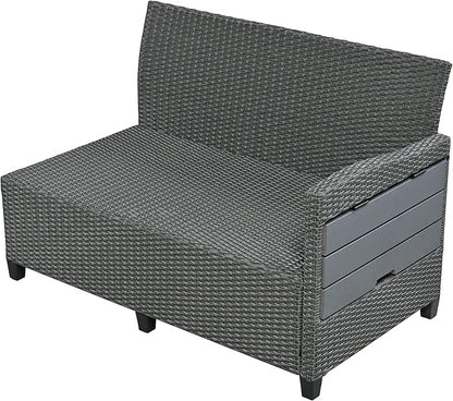 5-Piece Outdoor Patio Furniture Set with Dining Table&Bench, All-Weather PE Wicker Sofa w/2 Extendable SideTables&Cushions&Washable Covers, Rattan Conversation Couch for Backyard Yard, Gray