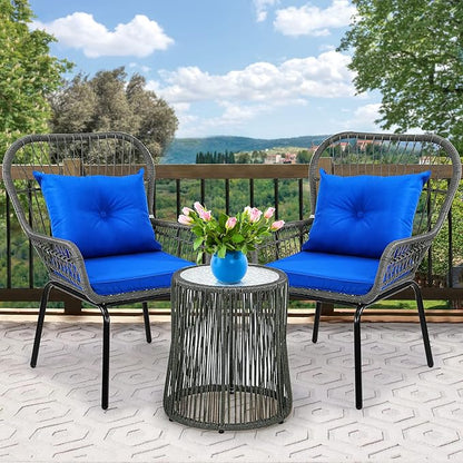 YITAHOME 3-Piece Outdoor Patio Furniture Wicker Bistro Set, All-Weather Rattan Conversation Chairs for Backyard, Balcony and Deck with Soft Cushions, Glass Side Table (Gray+Navy Blue)
