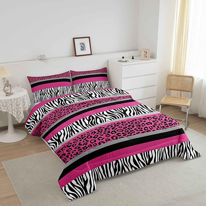 Zebra Stripes Comforter Leopard Print Comforter Set For Kids Boys Girls Pink Black White Zebra Leopard Fur Bedding Set Ultra Soft Decor Wild Animal Skin Texture Pattern Duvet Set King Size Quilt Set