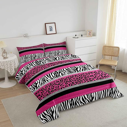 Zebra Stripes Comforter Leopard Print Comforter Set for Kids Boys Girls Pink Black White Zebra Leopard Fur Bedding Set Ultra Soft Decor Wild Animal Skin Texture Pattern Duvet Set Full Size Quilt Set
