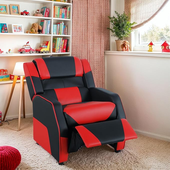 RACER Larger Kids Gaming Chair Leather Recliner Sofa Children Ages 3-12, BlackRed