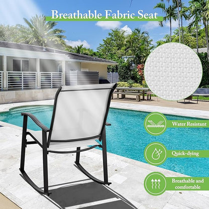 Shintenchi 3 Piece Rocking Bistro Set, Outdoor Furniture with Rocker Chairs and Glass coffee table set of 3, Balcony, Porch Furniture for Small Space, White
