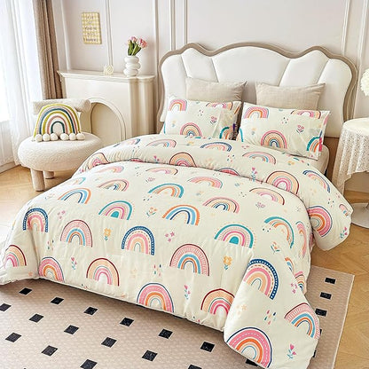 Btargot Lightweight Soft 3 Piece Rainbow Comforter Set with 2 Pillow Covers, Cartoon Love Hearts Flowers and Grass Bedding Set for Girls Boys Kids, Queen Multi-Color