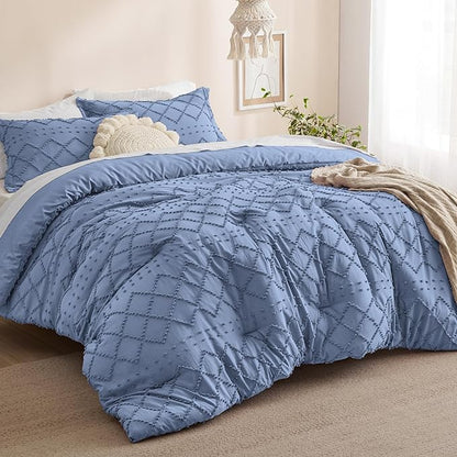 Bedsure Queen Comforter Set - Mineral Blue Comforter, Boho Tufted Shabby Chic Bedding Comforter Set, 3 Pieces Vintage Farmhouse Bed Set for All Seasons, Fluffy Soft Bedding Set with 2 Pillow Shams